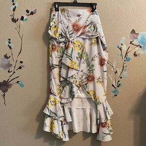 ruffle tropical hi lo frill wrap midi skirt 14  L floral striped. resort coastal
